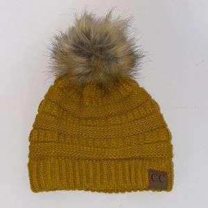 C.C Fur Pom Beanie Honey Mustard One Size